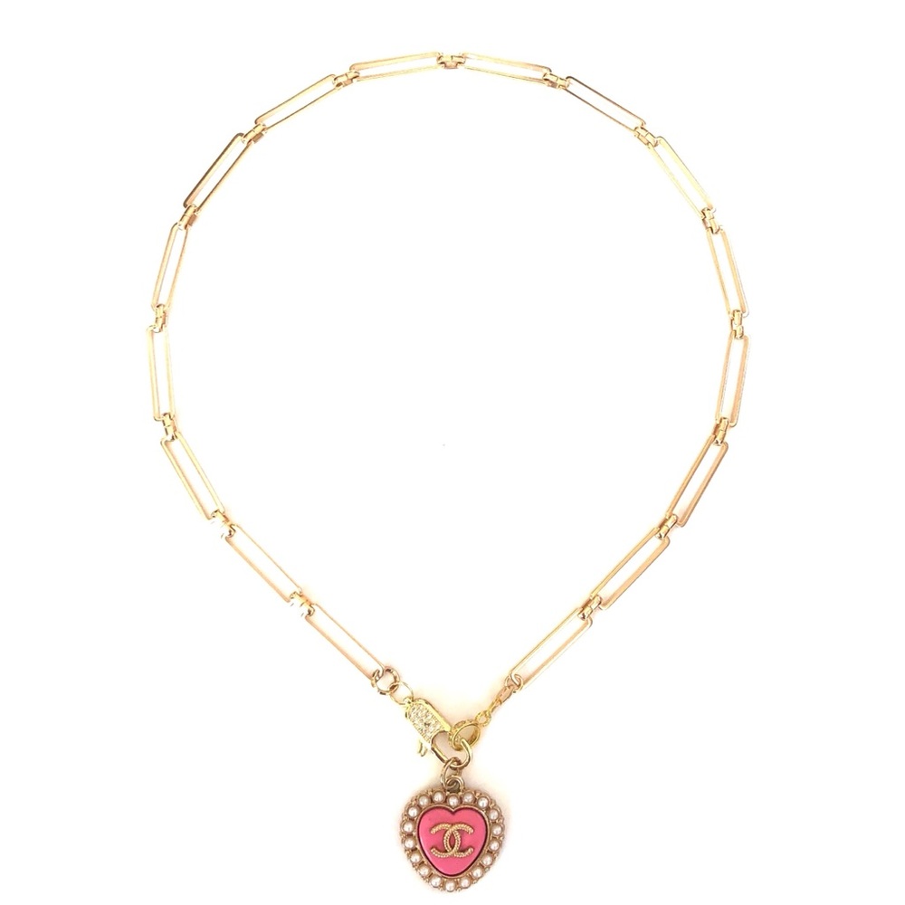 Vintage Pink Heart Charm & Gold Filled Chain Necklace